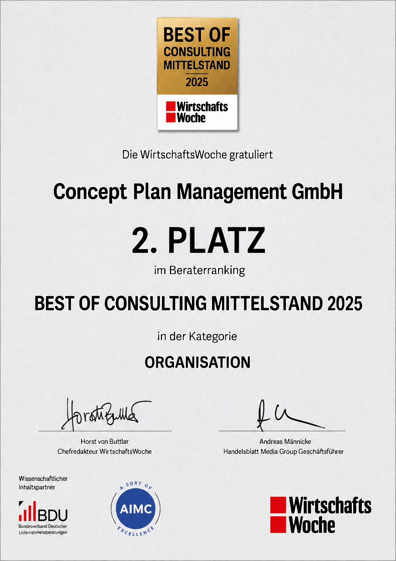 Urkunde Best of Consulting Mittelstand 2025 — Concept Plan Management GmbH